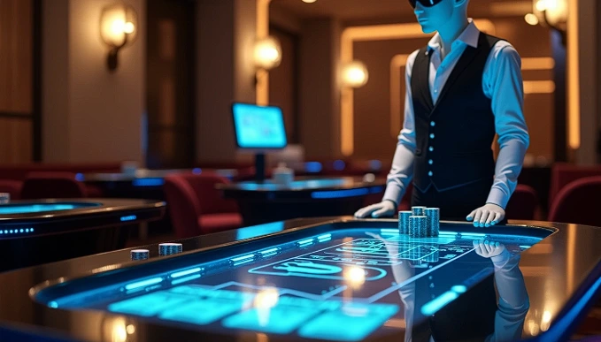 an AI robot dealer standing at a digital casino table game